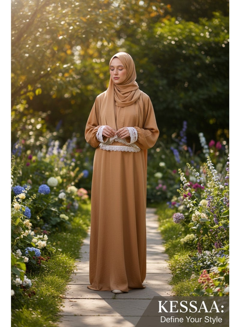 KESSAA Larin Women’s Premium Prayer Isdal – Luxury Silk-Cotton Full-Coverage Salah Dress with Integrated Head Scarf | Lightweight, Breathable, Modest Wear for Home, Travel & Mosque - Golden Beige - Image 3