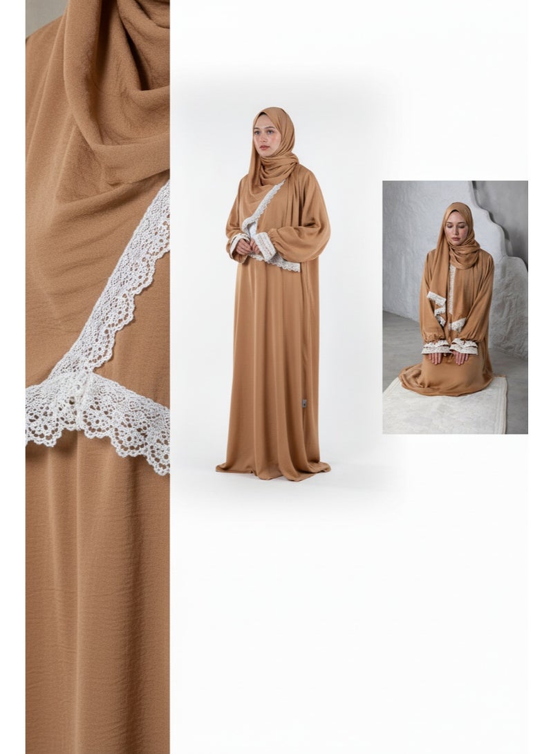 KESSAA Larin Women’s Premium Prayer Isdal – Luxury Silk-Cotton Full-Coverage Salah Dress with Integrated Head Scarf | Lightweight, Breathable, Modest Wear for Home, Travel & Mosque - Golden Beige - Image 2