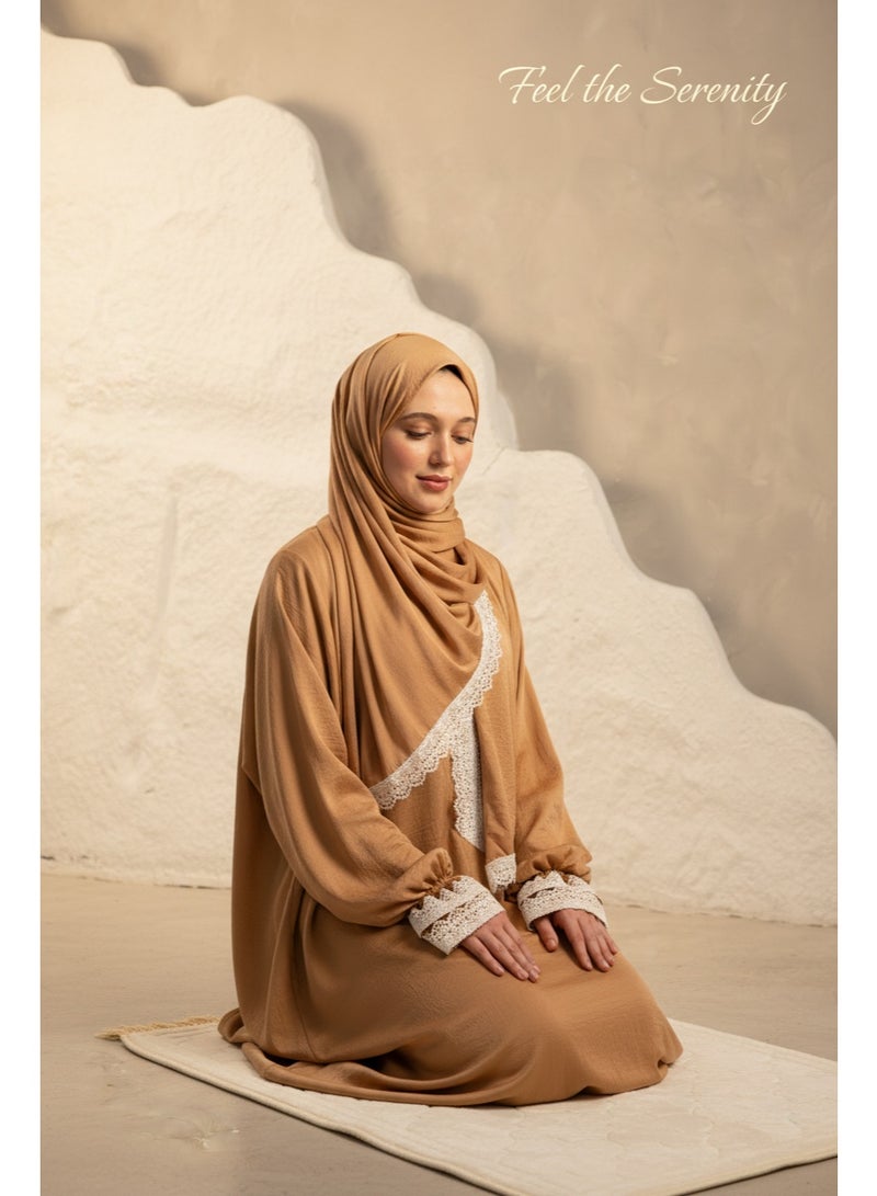 KESSAA Larin Women’s Premium Prayer Isdal – Luxury Silk-Cotton Full-Coverage Salah Dress with Integrated Head Scarf | Lightweight, Breathable, Modest Wear for Home, Travel & Mosque - Golden Beige - Image 4