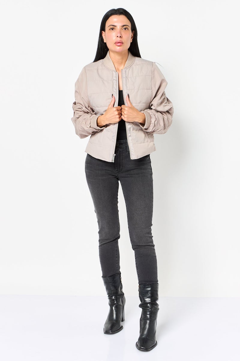 Andrew Marc Women Solid Bomber Jacket, Dark Beige - Image 2