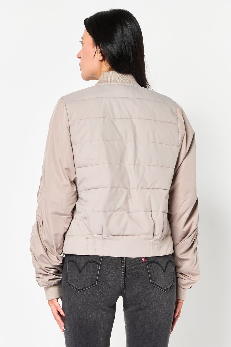 Andrew Marc Women Solid Bomber Jacket, Dark Beige - Image 4