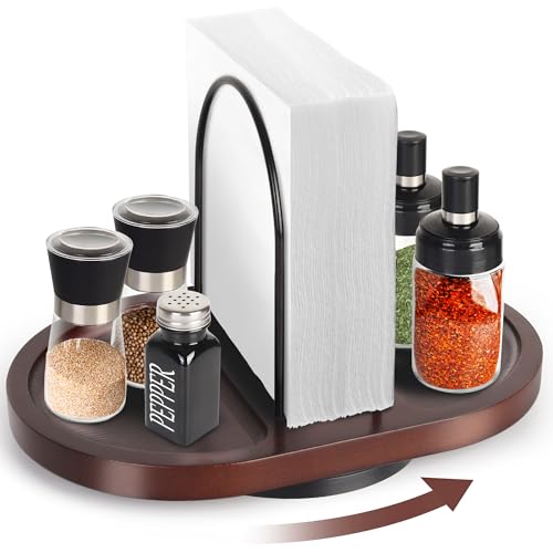 Primo Lines NP-1 Wooden Rotating Napkin Holder with Salt and Pepper Shakers, Rustic Metal Caddy Napkin Storage for Table, Kitchen Countertop, Dining Table Decor - Image 1