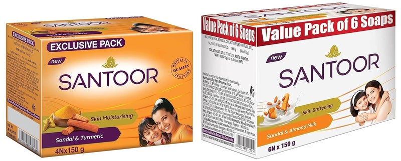 Santoor صابون حليب اللوز من سانتور 150 جرام عبوة من 6 وصابون خشب الصندل بالكركم للعناية الكاملة بالبشرة 150 جرام عبوة من 4 - Image 1