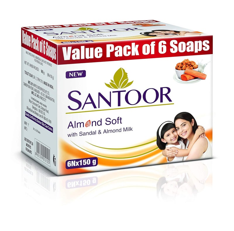 Santoor صابون حليب اللوز من سانتور 150 جرام عبوة من 6 وصابون خشب الصندل بالكركم للعناية الكاملة بالبشرة 150 جرام عبوة من 4 - Image 2