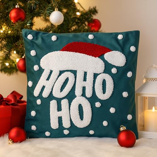 The Purple Tree Green HO HO HO Christmas Embroidered Cushion (Pack of 1, 16x16 inch) Christmas Decor Cushion, Xmas Gift, Best Gift for Christmas - Image 2