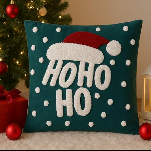 The Purple Tree Green HO HO HO Christmas Embroidered Cushion (Pack of 1, 16x16 inch) Christmas Decor Cushion, Xmas Gift, Best Gift for Christmas - Image 1