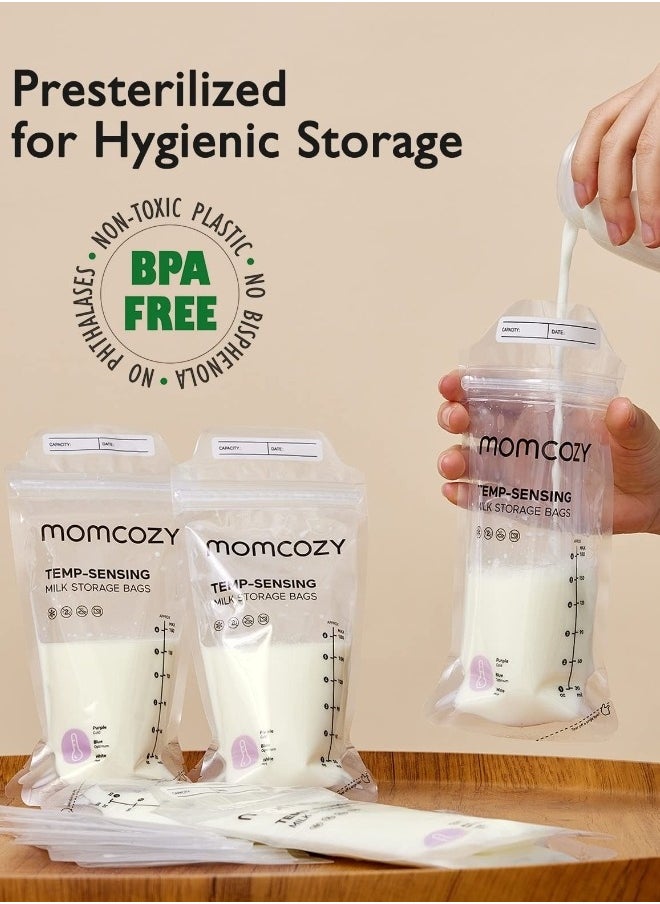 Momcozy Breast milk Bags, Temp-Sensing Discoloration Milk Storing Bags for Breastfeeding, Disposable Milk Storage Bag with 6 Ounce Self Standing, No-Leak Milk Freezer Storage Pouches  - Image 4
