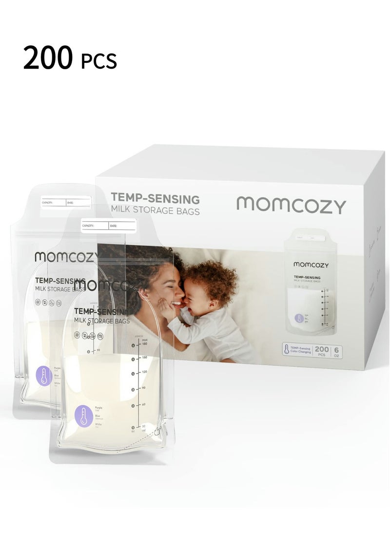 Momcozy Breast milk Bags, Temp-Sensing Discoloration Milk Storing Bags for Breastfeeding, Disposable Milk Storage Bag with 6 Ounce Self Standing, No-Leak Milk Freezer Storage Pouches  - Image 1