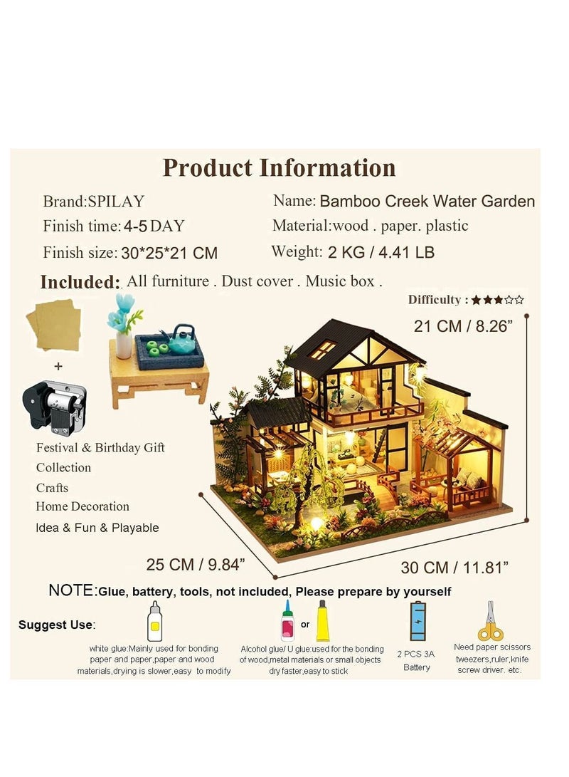 Y&D DIY Dollhouse Miniature with Wooden Furniture Kit,Handmade Mini Home Craft Dust Cover & Music Box ,1:24 Toys for Teens Adult Gift (Bamboo Creek Water Garden dust Box) - Image 3