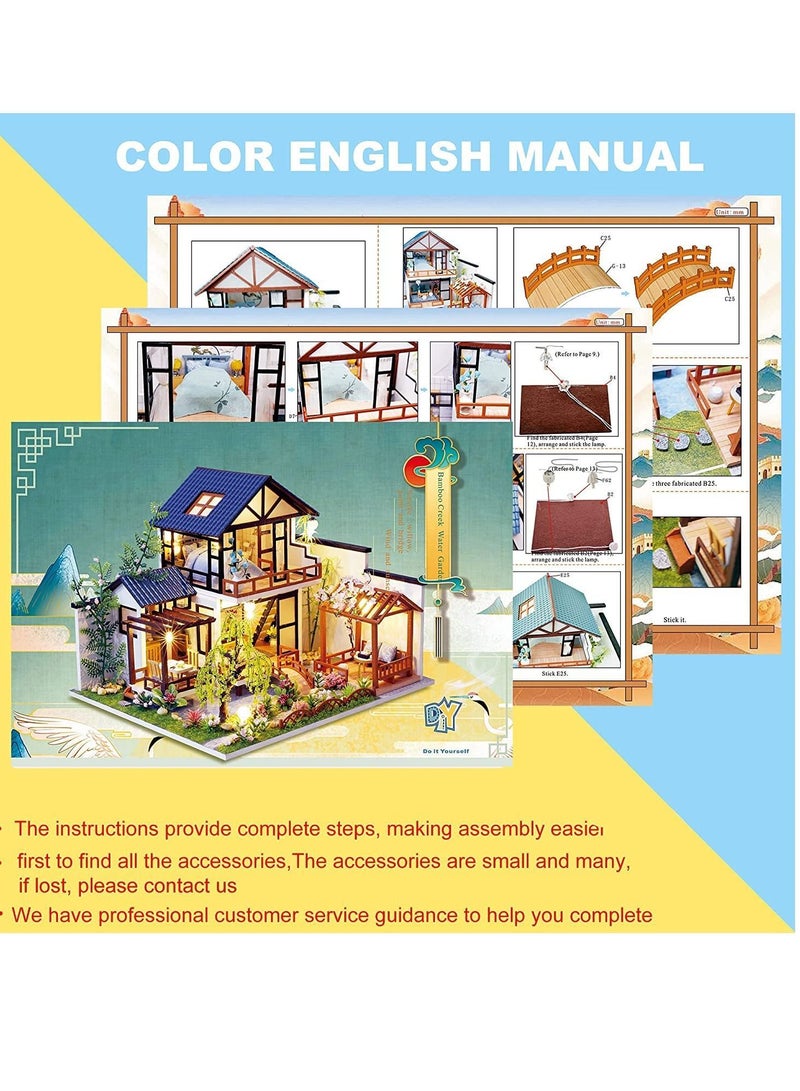 Y&D DIY Dollhouse Miniature with Wooden Furniture Kit,Handmade Mini Home Craft Dust Cover & Music Box ,1:24 Toys for Teens Adult Gift (Bamboo Creek Water Garden dust Box) - Image 4