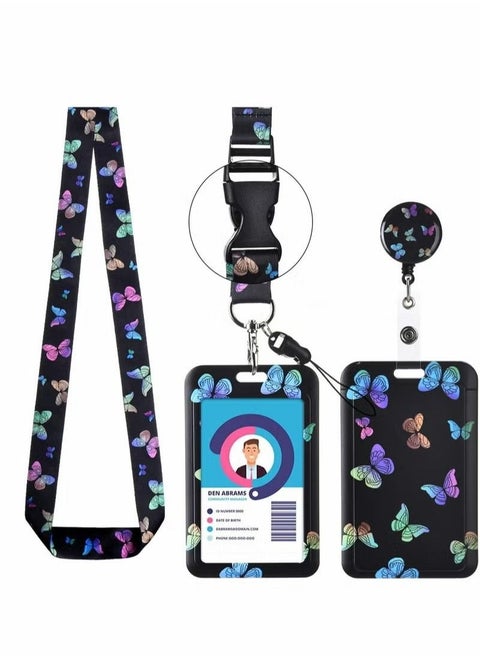 1 Set ID Badge Holder with Lanyard and Butterfly Badge Reel Clip Lanyard Vertical ID Protector Bage Clips Business Credit Card ID Badge Lanyard Key Chain, for Work,School(Colour Butterfly)