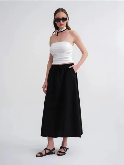 ماي كولكشن تنورة بخصر مرتفع من البوبلين مع تفاصيل رباط