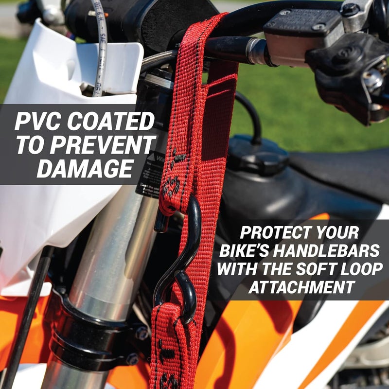 Aerofast Motorcycle Ratchet Strap Tie Down Kit - 1.5" x 8" Heavy Duty Tiedown with Soft Loop & Safety Swivel Carabiner - 2700lbs Break Strength, 2 Pack Red/Black - Image 4