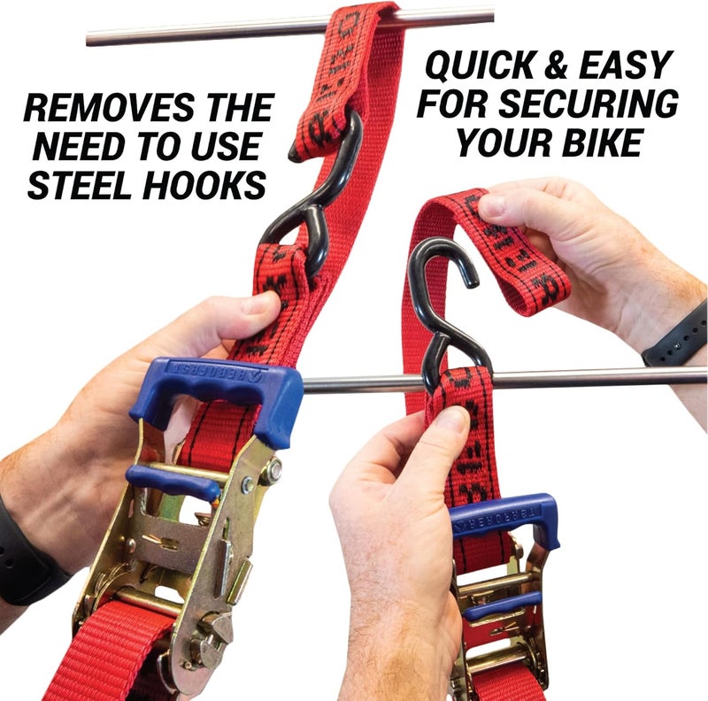 Aerofast Motorcycle Ratchet Strap Tie Down Kit - 1.5" x 8" Heavy Duty Tiedown with Soft Loop & Safety Swivel Carabiner - 2700lbs Break Strength, 2 Pack Red/Black - Image 5