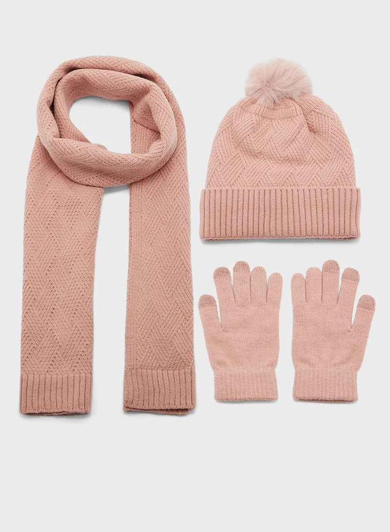 ايلا 3 Pack Winter Pompom Beanie ,Scarve & Glove Set