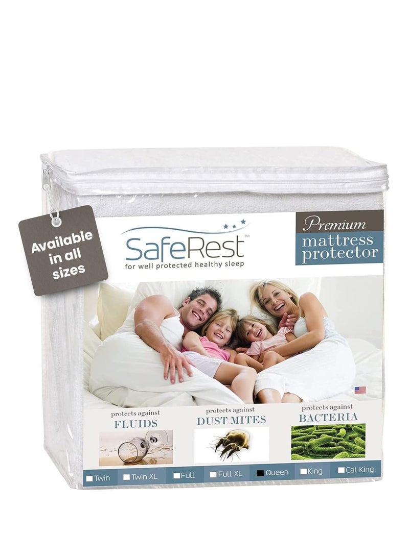 SafeRest 100% Waterproof Queen Size Mattress Protector - Fitted with Stretchable Pockets - Machine Washable Cotton Mattress Cover for Bed - Image 1