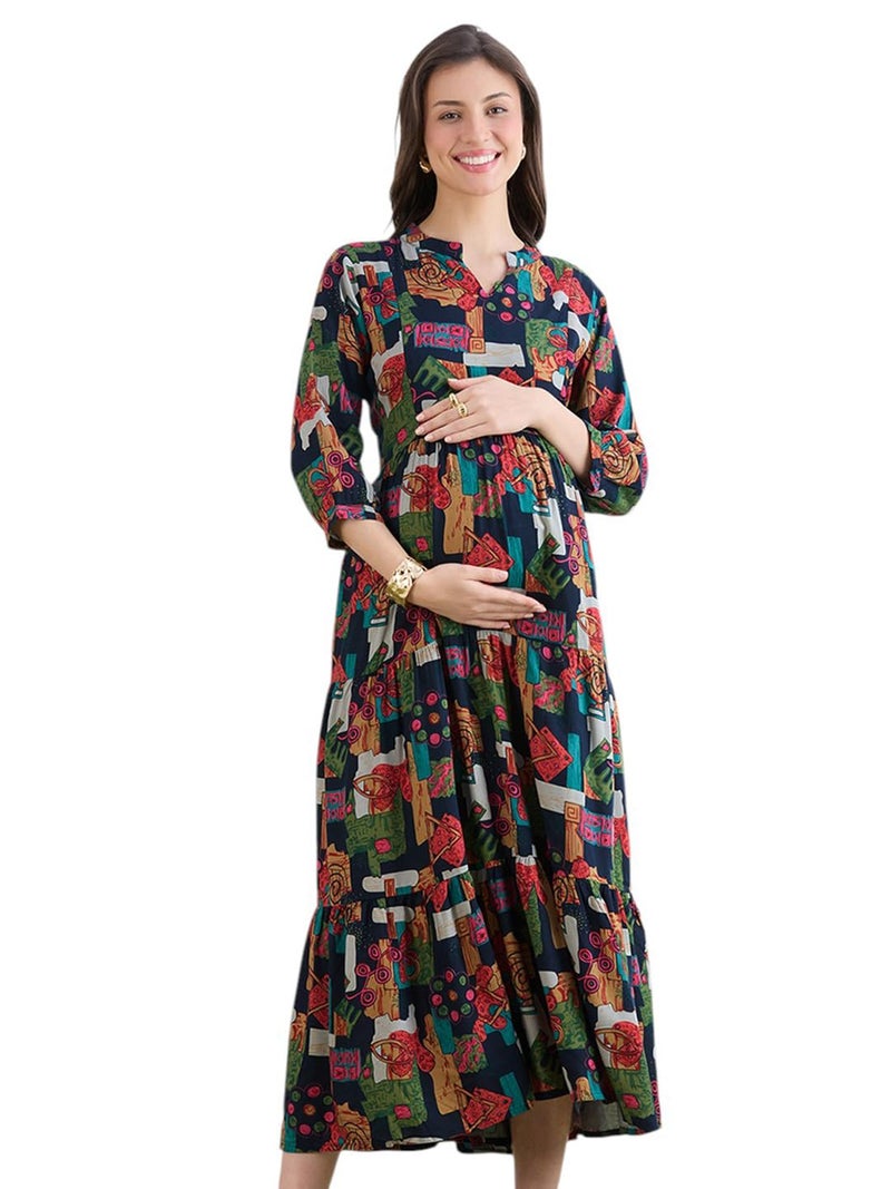 MomToBe Women's Rayon Maternity Dresses | Pregnancy Feeding Nursing Dress with 14 inch Zip on Both Sides (Multicolor | X-Large) - Image 1