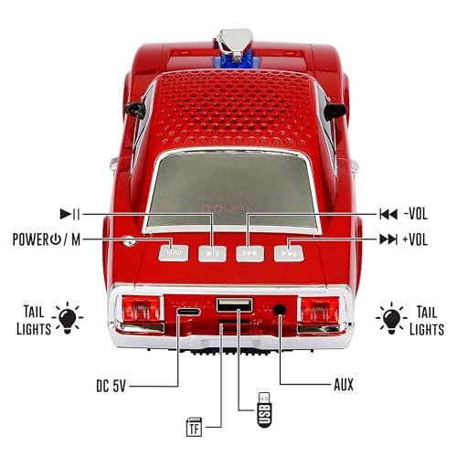 QFX Bluetooth 1968 Retro Muscle Car Replica Speaker, Dual 2-inch Speakers, Hands Free Link, Built-in Microphone, FM Radio and LED Party Lights, Red - BT-1968-RED - Image 3