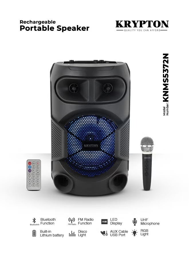 KRYPTON Portable Rechargeable Bluetooth Speaker with Wireless Microphone – 20000W PMPO, USB/FM/MP3 Support, RGB Lights, 2–6H Playtime, Indoor & Outdoor Use - Image 1