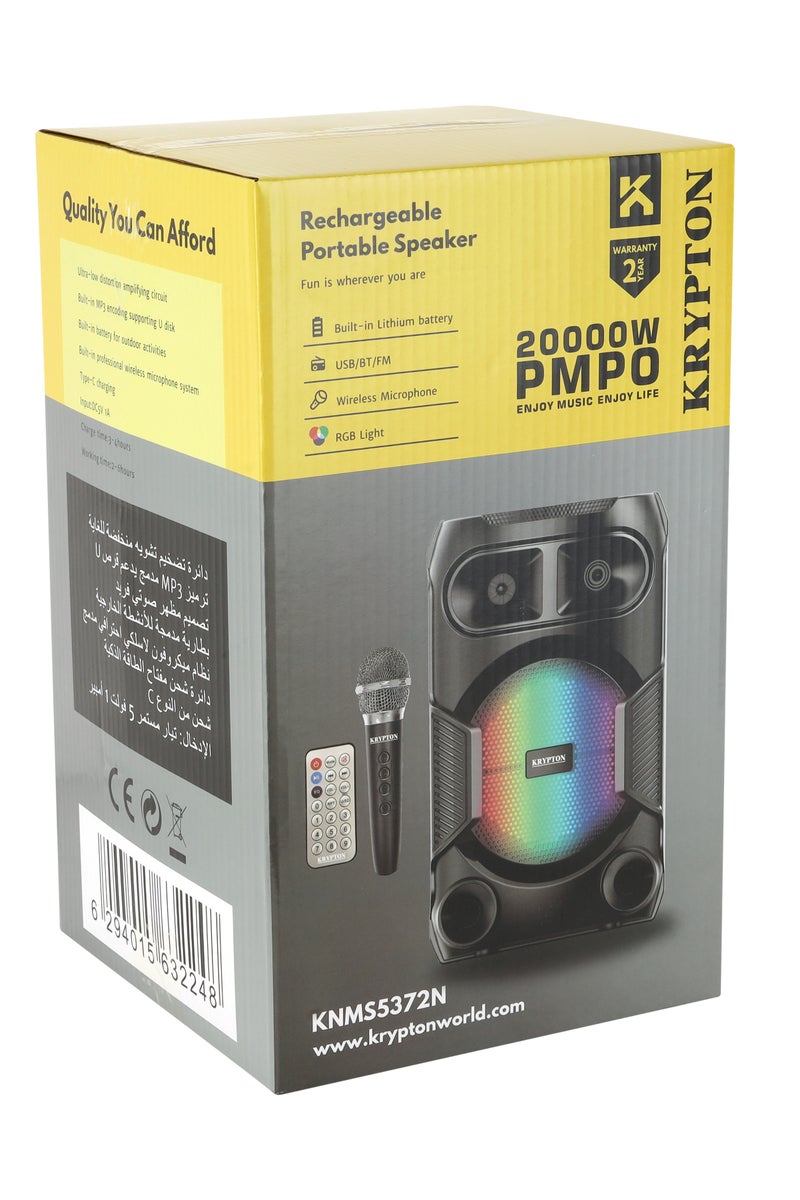 KRYPTON Portable Rechargeable Bluetooth Speaker with Wireless Microphone – 20000W PMPO, USB/FM/MP3 Support, RGB Lights, 2–6H Playtime, Indoor & Outdoor Use - Image 5