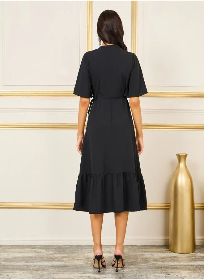 Styli Embellished Ruffle Hem A-Line Wrap Midi Dress