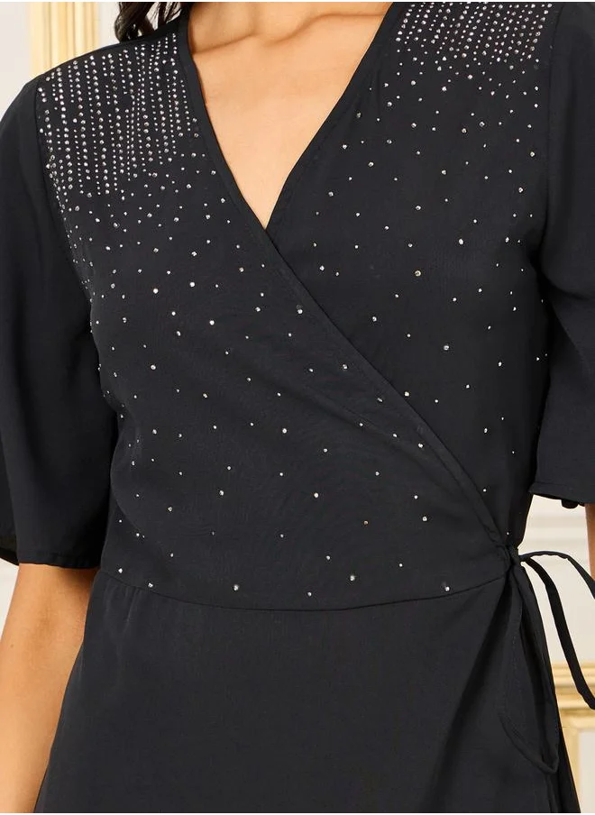 Styli Embellished Ruffle Hem A-Line Wrap Midi Dress