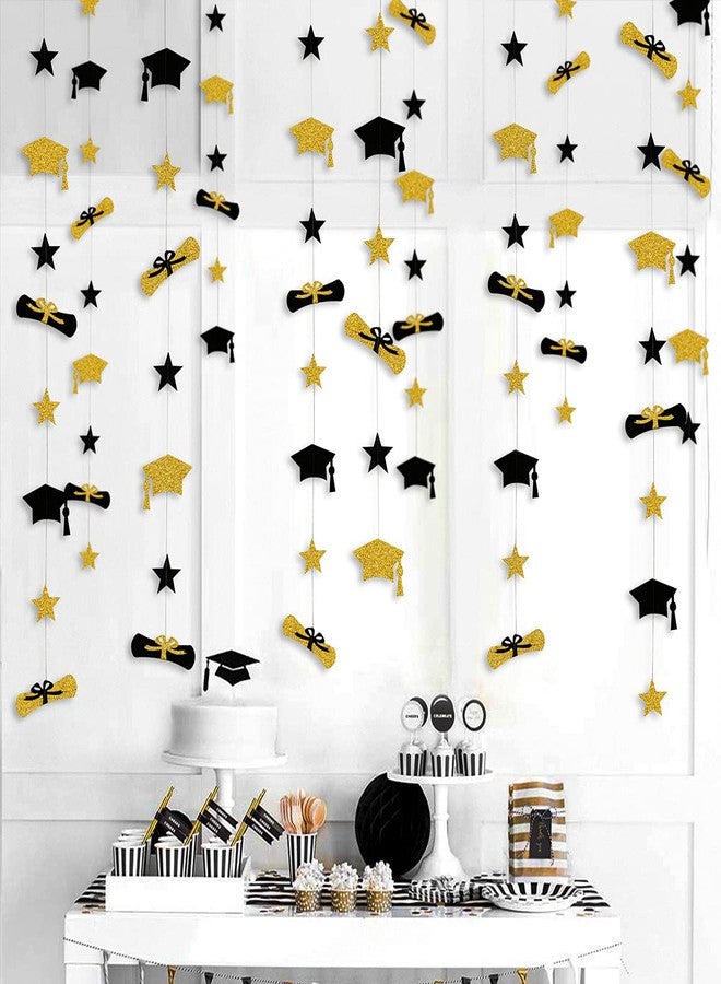 pinkblume Graduation Decorations 2021 Graduation Hat Diploma Star Garland Banner Bunting Streamer Backdrop for Graduation Party Supplies Classroom Middle High School Grad Home Decor (Black Gold) - Image 4
