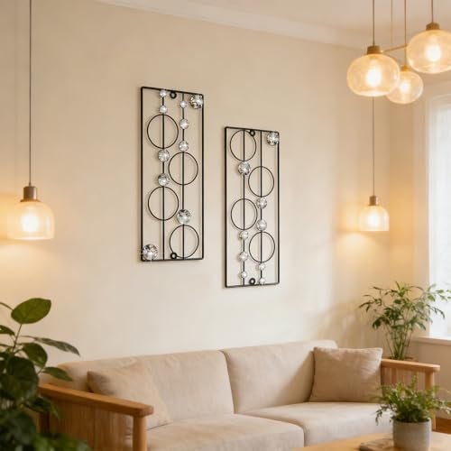 ZEXUIRU 2 Pack Bling Abstract Metal Wall Art Minimalist Line Jeweled Crystal Wall Decor Modern Geometric Rhinestone Hanging Wall Sculpture for Living Room Bedroom Bathroom Office - Image 3