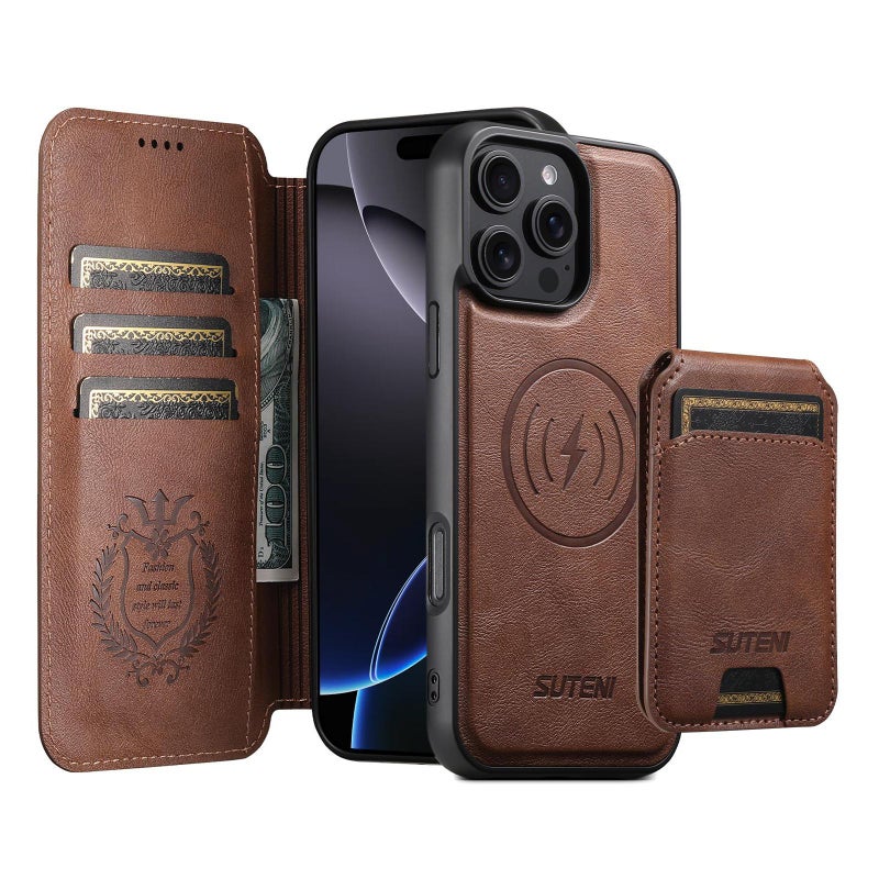 Suteni For Iphone 16 Pro Max Q05S2 3-In-1 Detachable Vertical Flip Wallet Magsafe Leather Phone Case(Brown) - Image 1