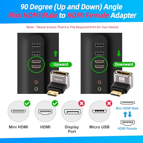 Togconn 90 Degree Mini HDMI to HDMI Adapter 2 Pack, (Up and Down) Right Angle Mini HDMI (Male) to HDMI (Female) L-Shaped Converter Connector Support 8K@60Hz,4K@120Hz for Raspberry Pi Zero, Camera, Monitor - Image 2
