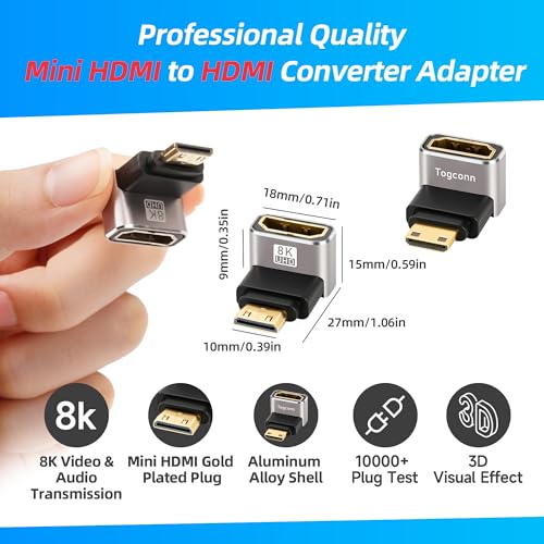 Togconn 90 Degree Mini HDMI to HDMI Adapter 2 Pack, (Up and Down) Right Angle Mini HDMI (Male) to HDMI (Female) L-Shaped Converter Connector Support 8K@60Hz,4K@120Hz for Raspberry Pi Zero, Camera, Monitor - Image 3