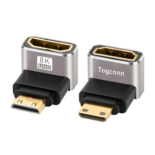 Togconn 90 Degree Mini HDMI to HDMI Adapter 2 Pack, (Up and Down) Right Angle Mini HDMI (Male) to HDMI (Female) L-Shaped Converter Connector Support 8K@60Hz,4K@120Hz for Raspberry Pi Zero, Camera, Monitor - Image 1