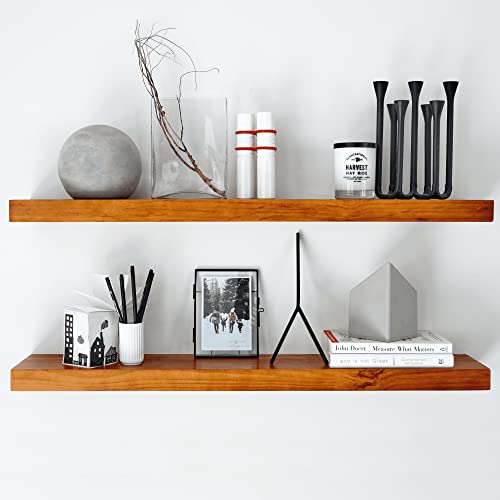 Homeforia Homeforia Rustic Farmhouse Floating Shelves  Bathroom Wooden Shelves for Wall Mounted  Thick Industrial Kitchen Wood Shelf  36 x 65 x 175 inch  Set of 2  Honey Oak Color 