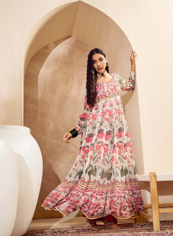 SASSAFRAS SASSAFRAS Off White Floral Sweetheart Neck Anarkali Kurta