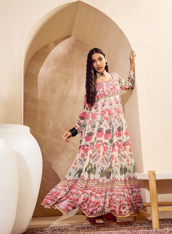 ساسافراس أوف وايت فستان أناركالي بياقة قلب وزهور - Image 2