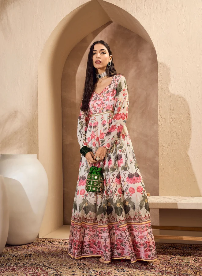 SASSAFRAS SASSAFRAS Off White Floral Sweetheart Neck Anarkali Kurta