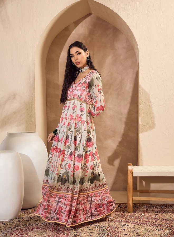 SASSAFRAS SASSAFRAS Off White Floral Sweetheart Neck Anarkali Kurta