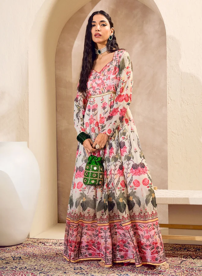 SASSAFRAS SASSAFRAS Off White Floral Sweetheart Neck Anarkali Kurta