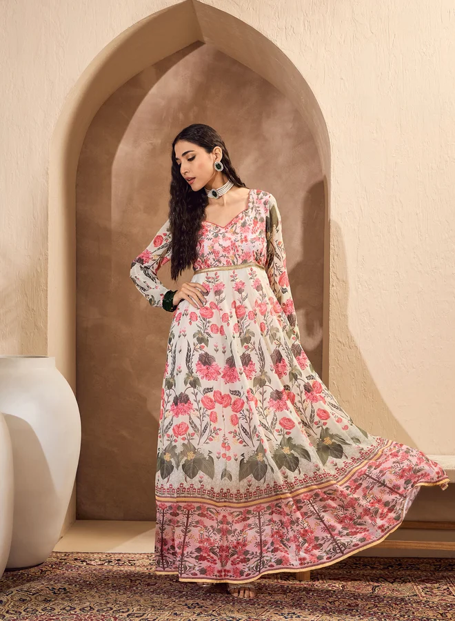 SASSAFRAS SASSAFRAS Off White Floral Sweetheart Neck Anarkali Kurta