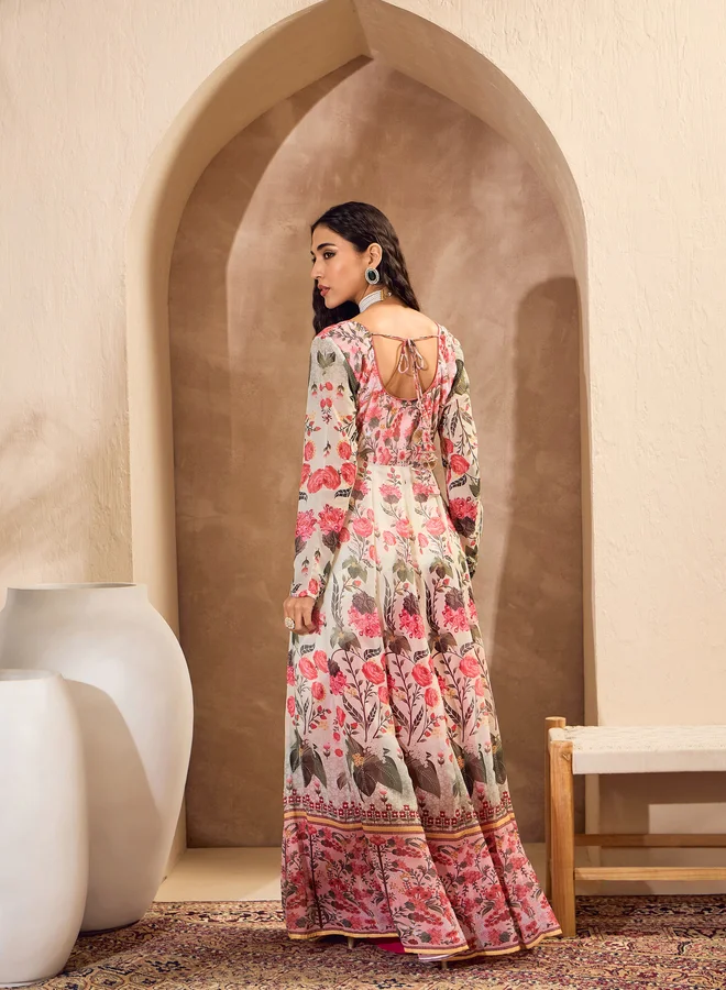 SASSAFRAS SASSAFRAS Off White Floral Sweetheart Neck Anarkali Kurta