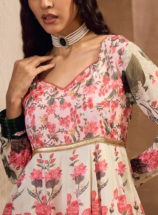 SASSAFRAS SASSAFRAS Off White Floral Sweetheart Neck Anarkali Kurta