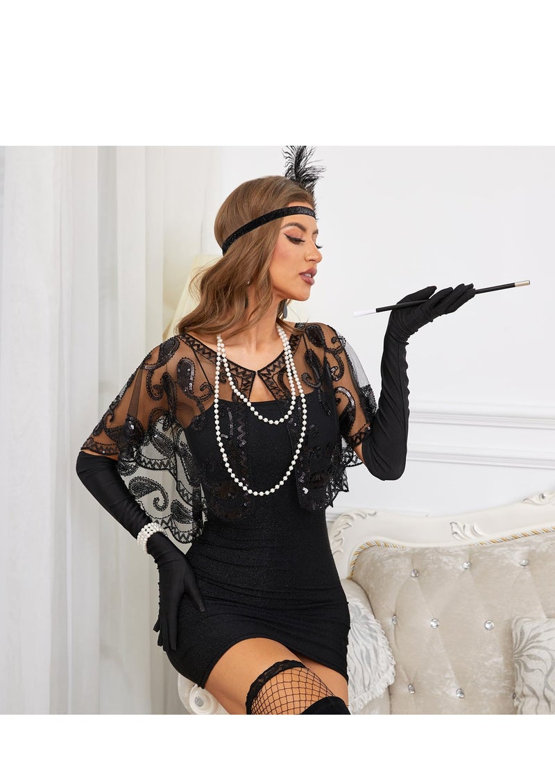 Barakah 1920s Accessories Set Womens Feather Headband Pearl Necklace Earrings Gloves Fringed Evening Cape Scarf - Image 5