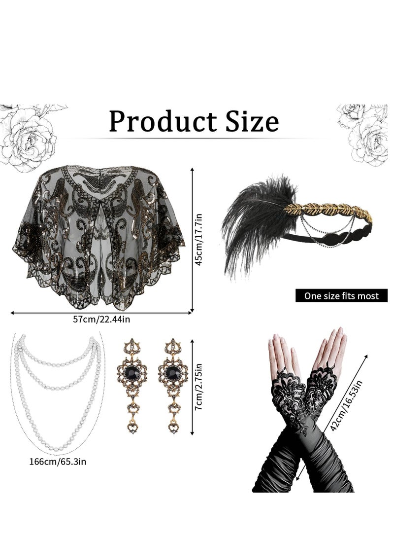 Barakah 1920s Accessories Set Womens Feather Headband Pearl Necklace Earrings Gloves Fringed Evening Cape Scarf - Image 2