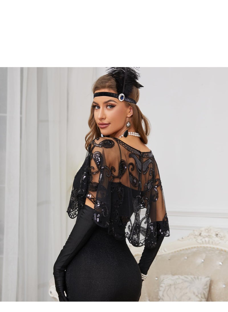Barakah 1920s Accessories Set Womens Feather Headband Pearl Necklace Earrings Gloves Fringed Evening Cape Scarf - Image 4