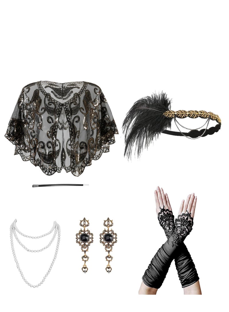 Barakah 1920s Accessories Set Womens Feather Headband Pearl Necklace Earrings Gloves Fringed Evening Cape Scarf - Image 1