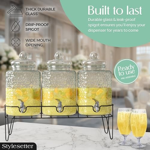 Style Setter Premium Glass Drink Dispensers with Metal Stand for Parties – Beverage Dispenser Set for Cold Drinks, Lemonade, Cocktails, Juice – Party Glass Drink Dispenser Station - 1.5 Gal, Set of 3 - Image 4