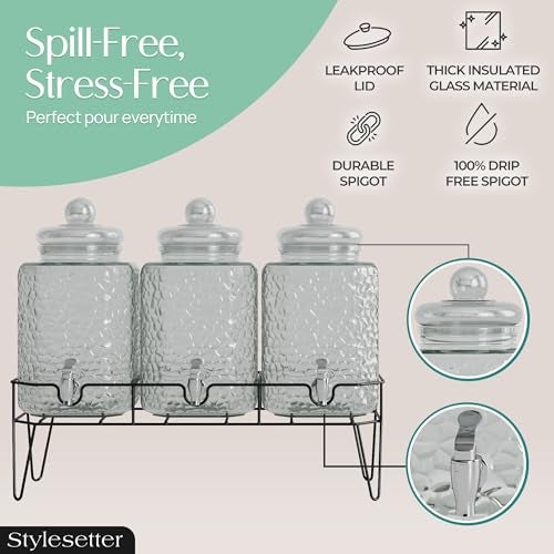Style Setter Premium Glass Drink Dispensers with Metal Stand for Parties – Beverage Dispenser Set for Cold Drinks, Lemonade, Cocktails, Juice – Party Glass Drink Dispenser Station - 1.5 Gal, Set of 3 - Image 5