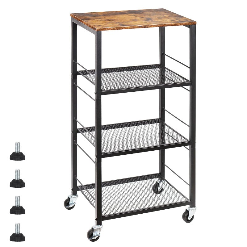 Kitchen Bakers Rack Microwave Cart 4Tier Island Serving Bar Cart on Wheel Industrial Wood End Side Table Storage Trolley Rack for Bedside Bathroom and Office
