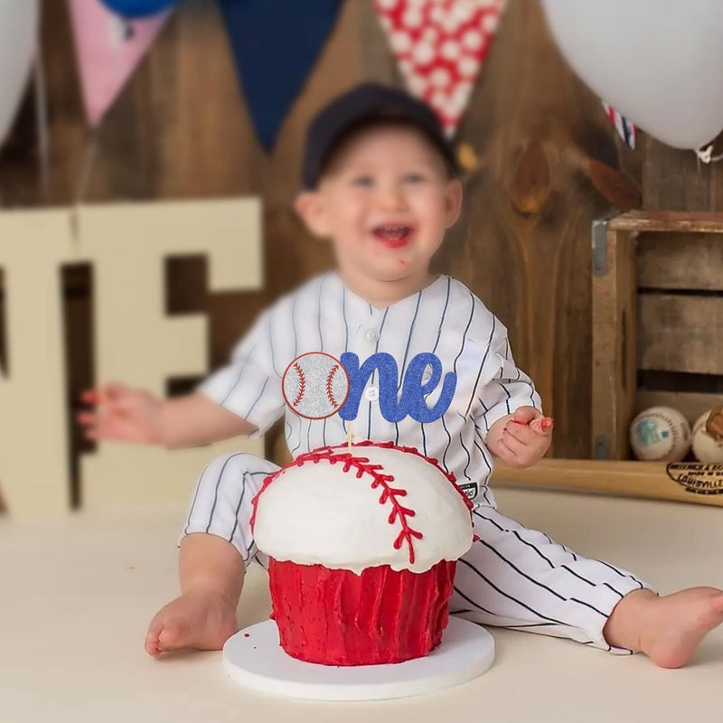 Ephlyn 1 Pack Baseball One Cake Topper Glitter Sport Theme First Birthday Cake Decoration for Baseball Theme Kids 1st Birthday Party Cake Decorations Supplies - Image 5