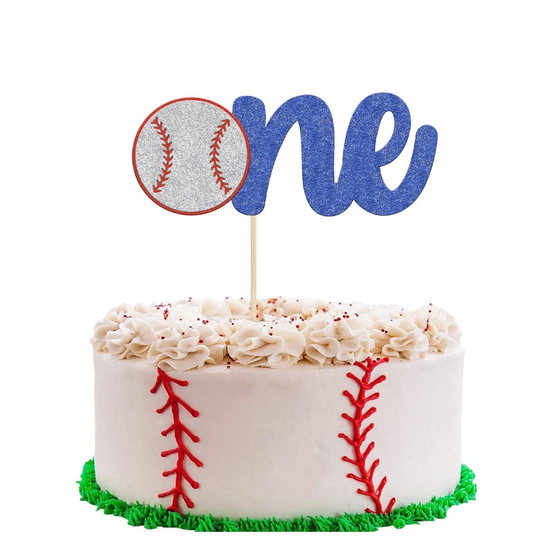 Ephlyn 1 Pack Baseball One Cake Topper Glitter Sport Theme First Birthday Cake Decoration for Baseball Theme Kids 1st Birthday Party Cake Decorations Supplies - Image 1